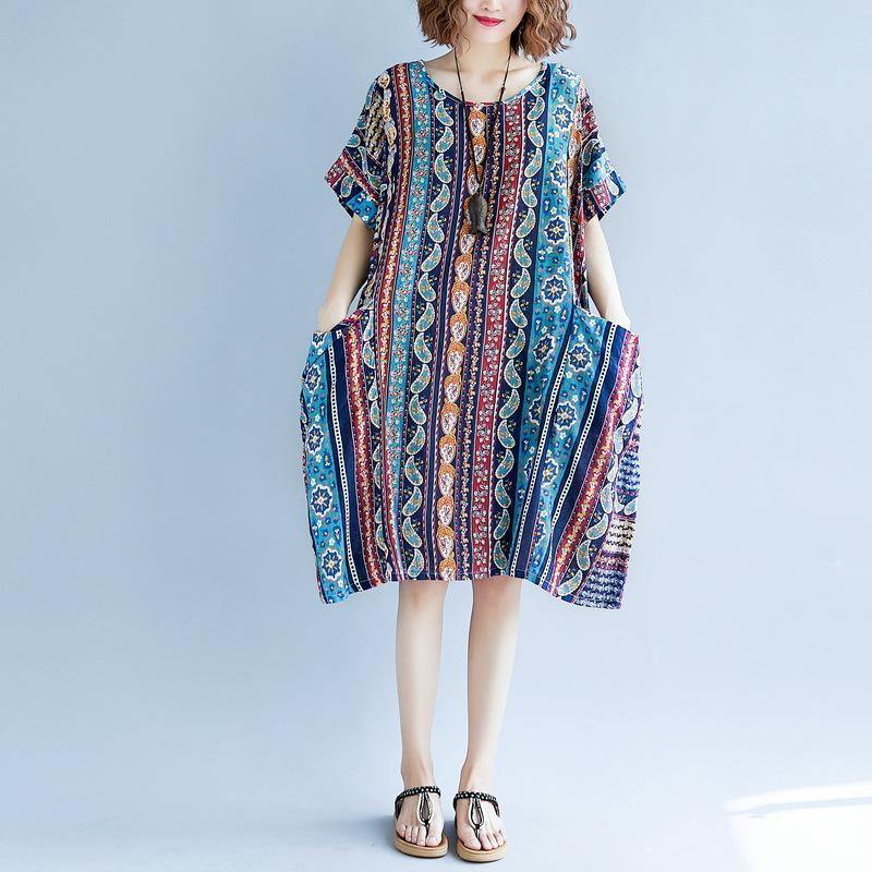 2018 striped cotton linen dresses plus size short sleeve baggy dresses cotton linen dresses boutique o neck traveling dress - SooLinen