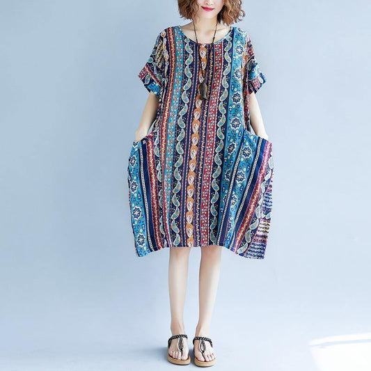 2018 striped cotton linen dresses plus size short sleeve baggy dresses cotton linen dresses boutique o neck traveling dress - SooLinen