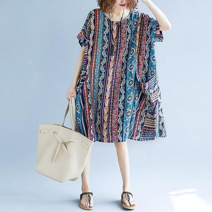 2018 striped cotton linen dresses plus size short sleeve baggy dresses cotton linen dresses boutique o neck traveling dress - SooLinen