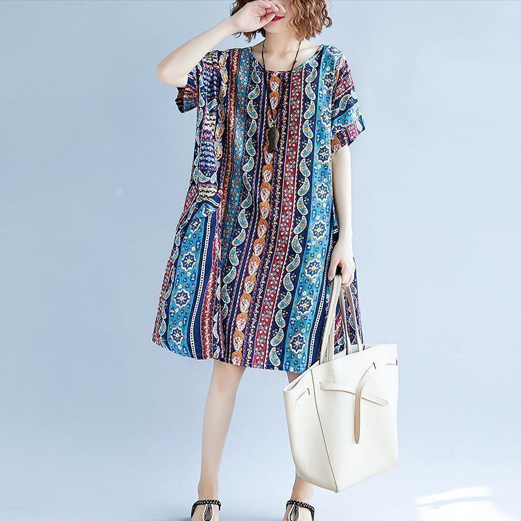 2018 striped cotton linen dresses plus size short sleeve baggy dresses cotton linen dresses boutique o neck traveling dress - SooLinen