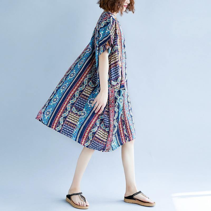 2018 striped cotton linen dresses plus size short sleeve baggy dresses cotton linen dresses boutique o neck traveling dress - SooLinen