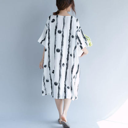 2018 white cotton knee dress plus size clothing shirt dress fine short sleeve baggy dresses print o neck cotton dresses - SooLinen