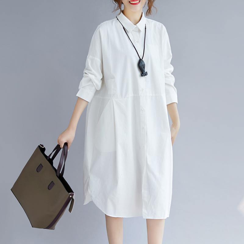 2018 white cotton shirt dress plus size traveling clothing casual long sleeve pockets side open Turn-down Collar cotton shirt dress - SooLinen