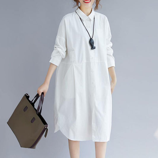 2018 white cotton shirt dress plus size traveling clothing casual long sleeve pockets side open Turn-down Collar cotton shirt dress - SooLinen