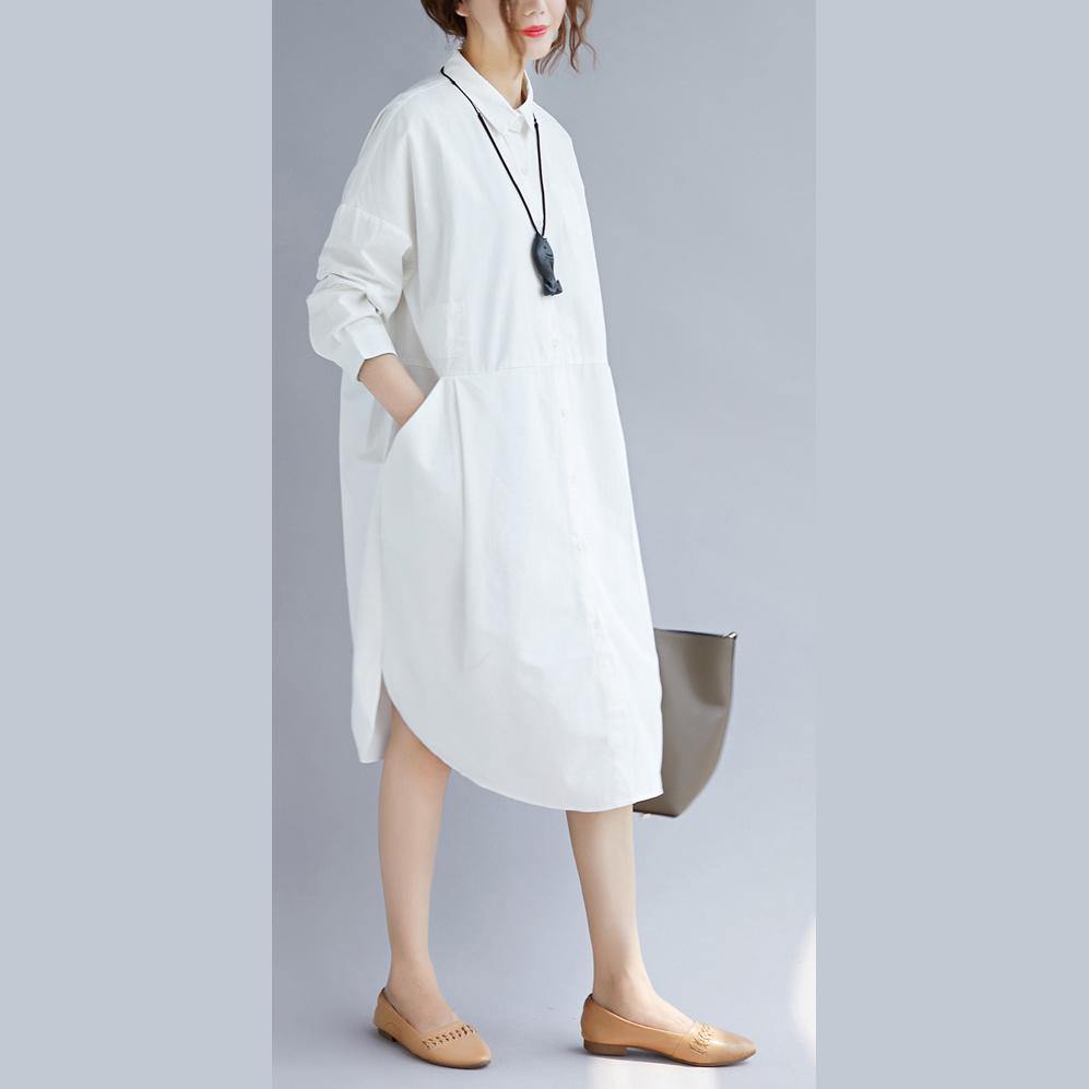 2018 white cotton shirt dress plus size traveling clothing casual long sleeve pockets side open Turn-down Collar cotton shirt dress - SooLinen