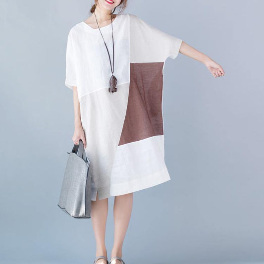 2018 white pure cotton linen dress oversize vintage half sleeve patchwork O neck pockets cotton linen dress - SooLinen