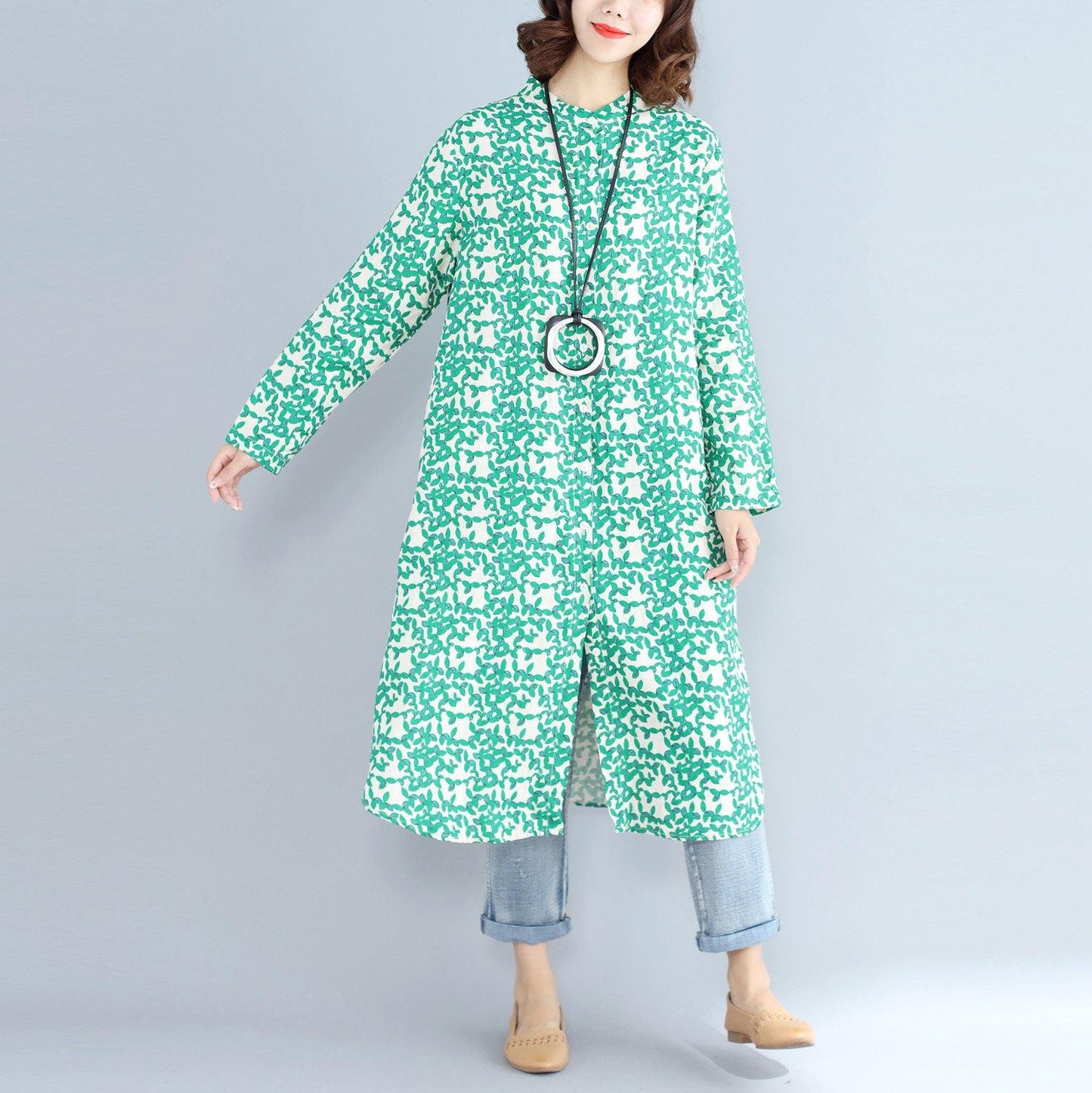 2018green print long cotton linen dresses plus size clothing Stand cotton linen gown casual long sleeve side open baggy dresses - SooLinen