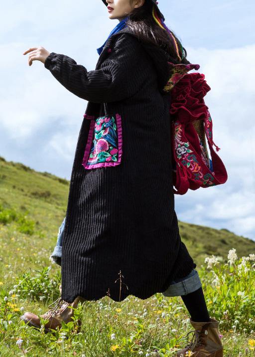 2019 black Parkas for women plus size Jackets & Coats embroidery ruffles hem outwear - SooLinen