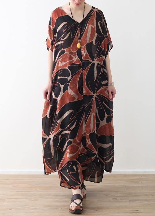 2019 khaki vintage chiffon two pieces v neck dress and elastic waist wide leg pants - SooLinen