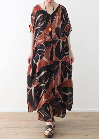 2019 khaki vintage chiffon two pieces v neck dress and elastic waist wide leg pants - SooLinen