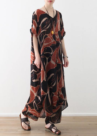 2019 khaki vintage chiffon two pieces v neck dress and elastic waist wide leg pants - SooLinen