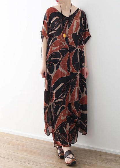 2019 khaki vintage chiffon two pieces v neck dress and elastic waist wide leg pants - SooLinen