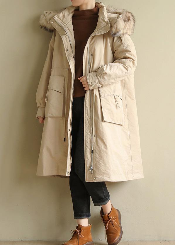 2019 plus size Jackets & Coats big pockets winter coats beige yellow fur collar coats - SooLinen