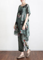 2024 New Loose Green Print Short Sleeve Shirt Casual Pants Linen Set