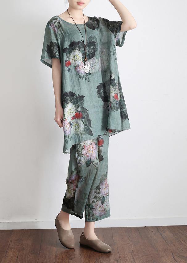 2024 New Loose Green Print Short Sleeve Shirt Casual Pants Linen Set