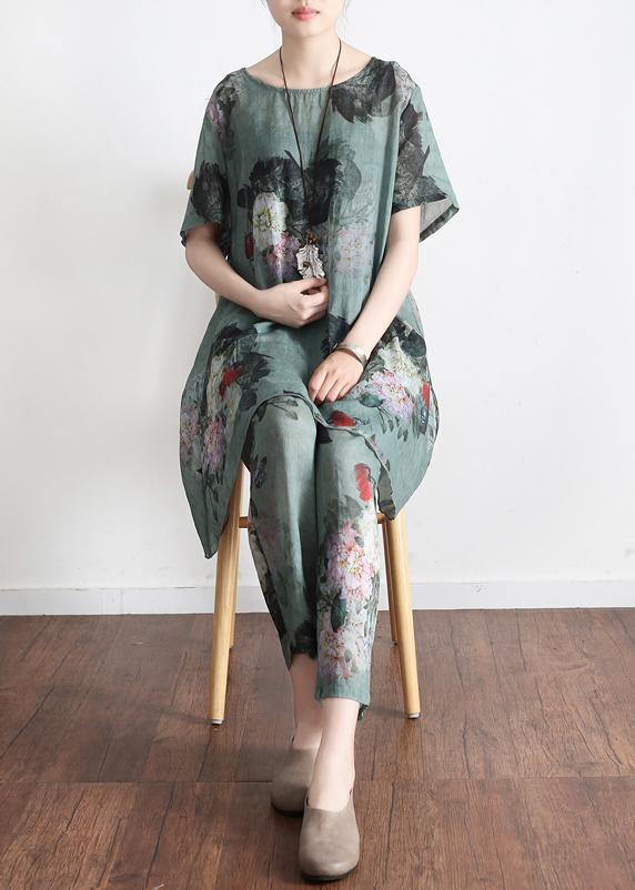 2024 New Loose Green Print Short Sleeve Shirt Casual Pants Linen Set