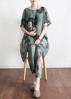 2024 New Loose Green Print Short Sleeve Shirt Casual Pants Linen Set