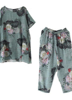 2024 New Loose Green Print Short Sleeve Shirt Casual Pants Linen Set