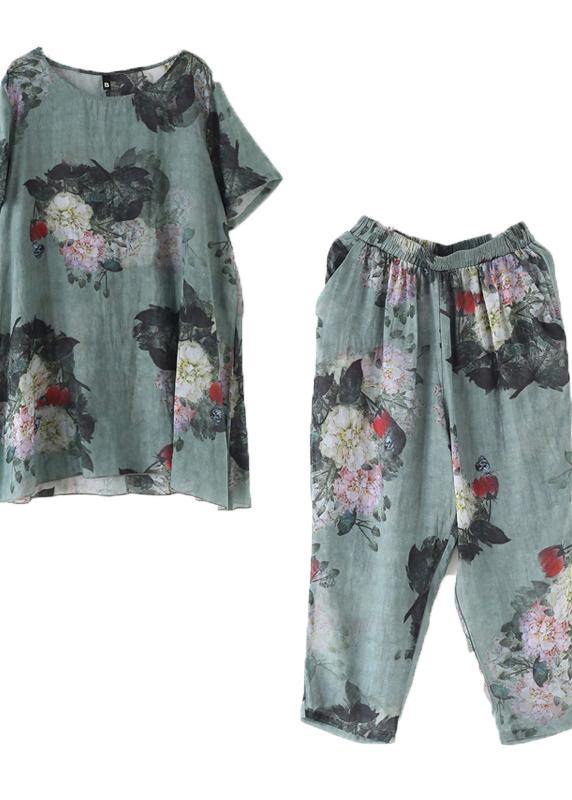 2024 New Loose Green Print Short Sleeve Shirt Casual Pants Linen Set