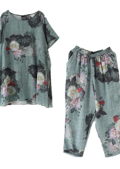 2024 New Loose Green Print Short Sleeve Shirt Casual Pants Linen Set