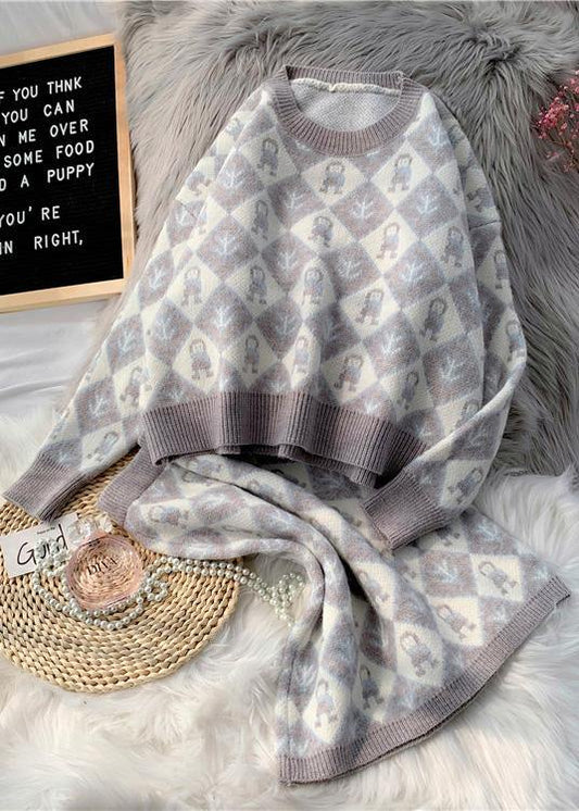 2021 autumn and winter new fashion temperament cartoon pattern sweater set round neck sweater half skirt two-piece set - SooLinen