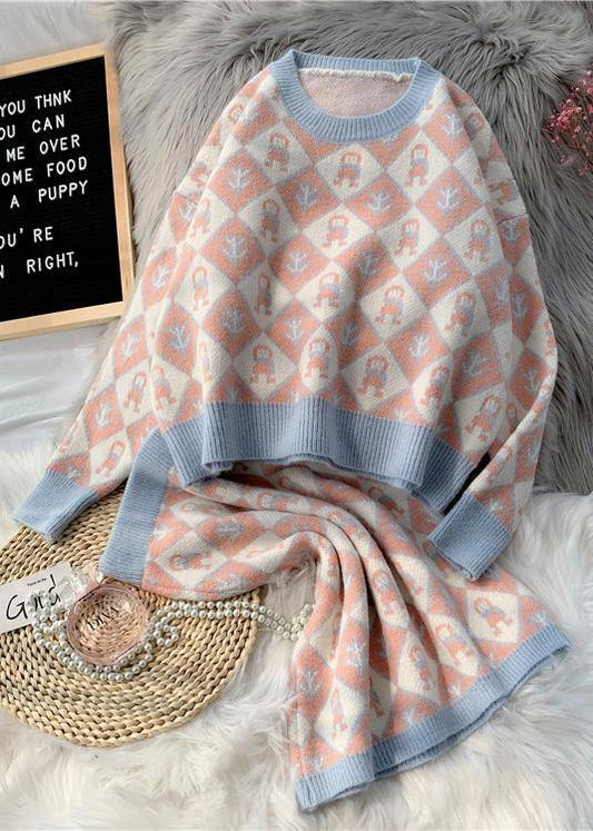 2021 autumn and winter new fashion temperament cartoon pattern sweater set round neck sweater half skirt two-piece set - SooLinen