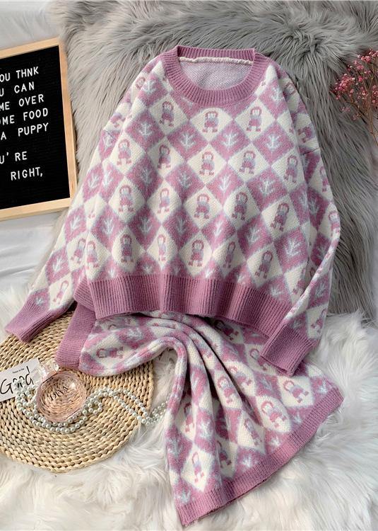 2021 autumn and winter new fashion temperament cartoon pattern sweater set round neck sweater half skirt two-piece set - SooLinen