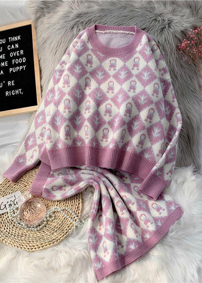 2021 autumn and winter new fashion temperament cartoon pattern sweater set round neck sweater half skirt two-piece set - SooLinen