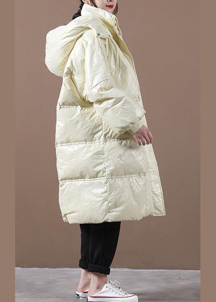 2021 beige down jacket woman Loose fitting winter jacket hooded pockets zippered Fine winter outwear - SooLinen
