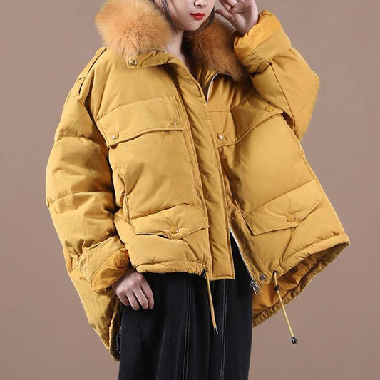 2021 plus size down jacket coats yellow faux fur collar drawstring duck down coat - SooLinen