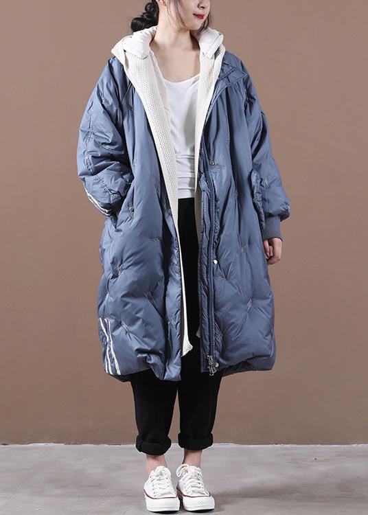 2021 plus size snow jackets coats blue striped hooded zippered goose Down coat - SooLinen