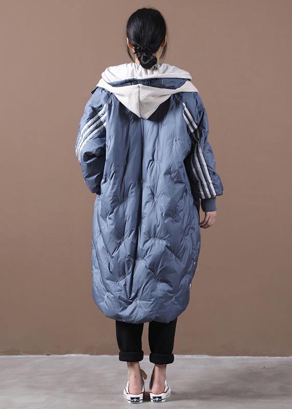 2021 plus size snow jackets coats blue striped hooded zippered goose Down coat - SooLinen