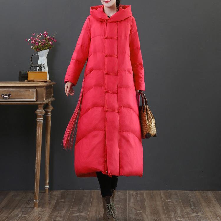 2021 red down jacket woman plus size down jacket hooded zippered fine overcoat - SooLinen