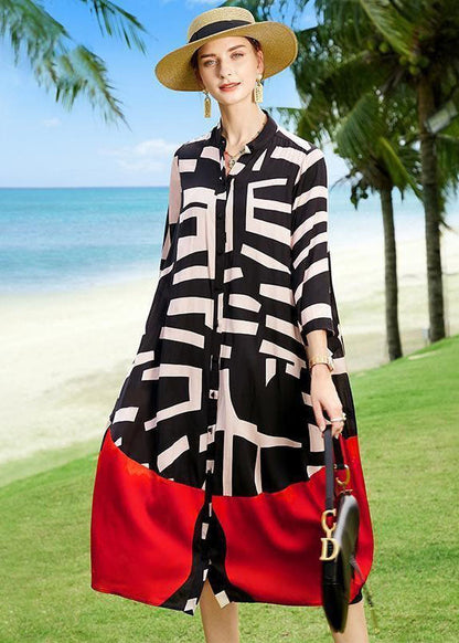 2025 Summer Colorblock Patchwork Print Holiday Dresses Silk Coat