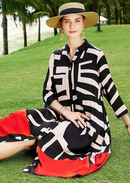 2025 Summer Colorblock Patchwork Print Holiday Dresses Silk Coat