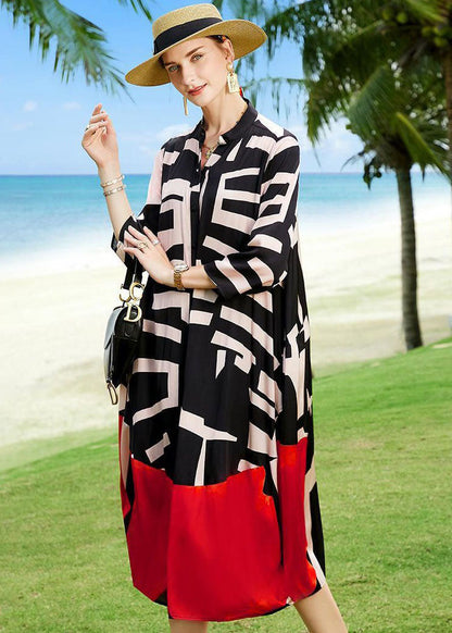 2025 Summer Colorblock Patchwork Print Holiday Dresses Silk Coat