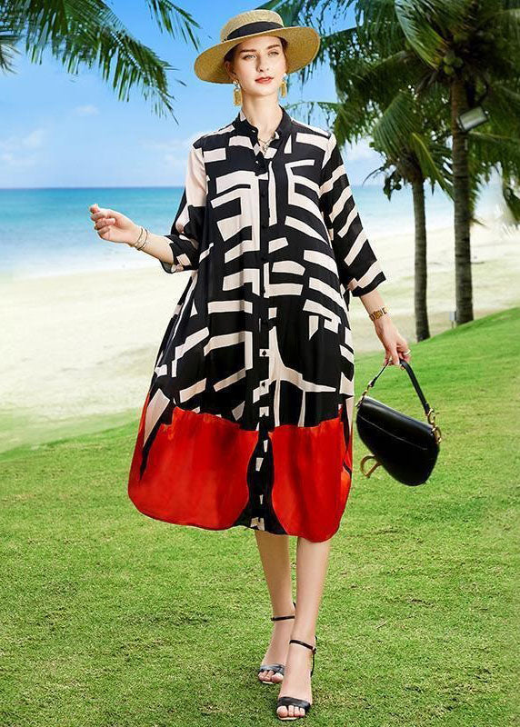 2025 Summer Colorblock Patchwork Print Holiday Dresses Silk Coat