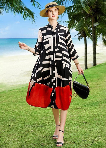 2025 Summer Colorblock Patchwork Print Holiday Dresses Silk Coat