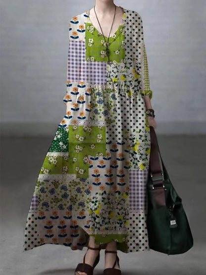 Floral-leaves Simple and Loose V-neck Cotton and Linen Dress