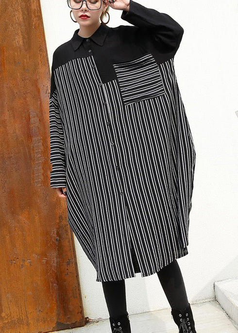 women black linen dresses Loose fitting linen clothing dresses fine patchwork striped cotton clothing