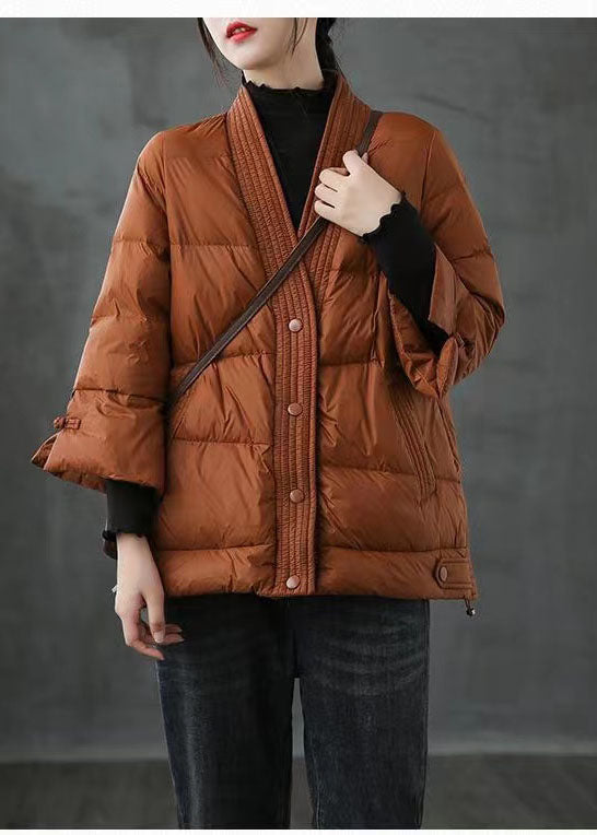 Beige  V Neck Button Thick fashion Winter Duck Down Jackets