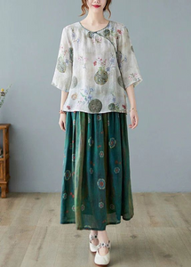 Women Green Print Ramie Elastic Waist Skirt