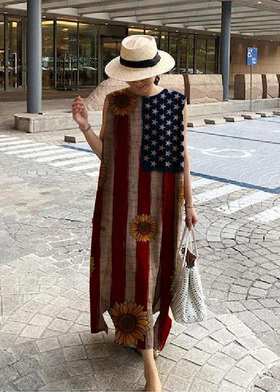 Bohemian O Neck Side Open Linen Cotton Clothes Fabrics Print1 Dress