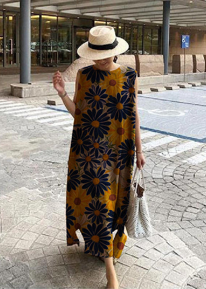 Bohemian O Neck Side Open Linen Cotton Clothes Fabrics Print2 Dress