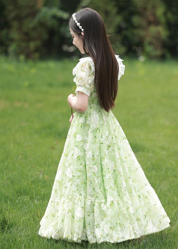 2025 New Green Peter Pan Collar Print Tie Waist Chiffon Girls Maxi Dress Short Sleeve