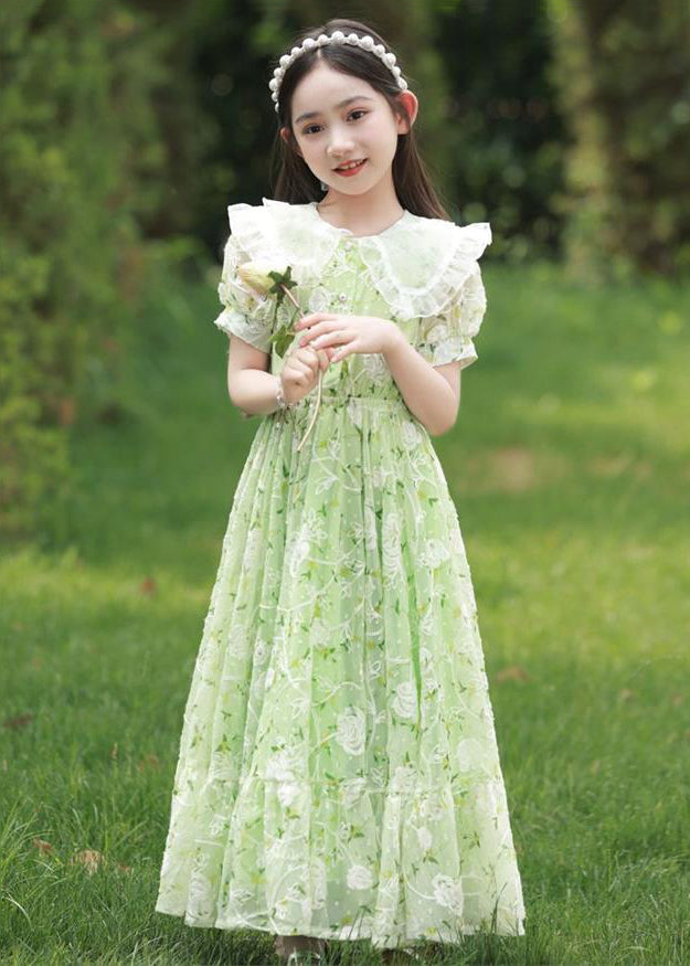 2025 New Green Peter Pan Collar Print Tie Waist Chiffon Girls Maxi Dress Short Sleeve