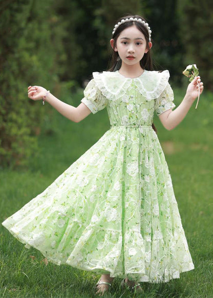 2025 New Green Peter Pan Collar Print Tie Waist Chiffon Girls Maxi Dress Short Sleeve