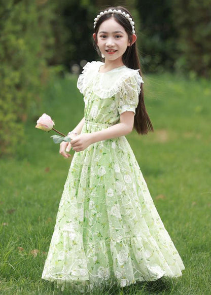 2025 New Green Peter Pan Collar Print Tie Waist Chiffon Girls Maxi Dress Short Sleeve