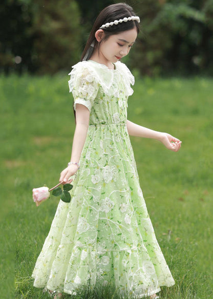 2025 New Green Peter Pan Collar Print Tie Waist Chiffon Girls Maxi Dress Short Sleeve