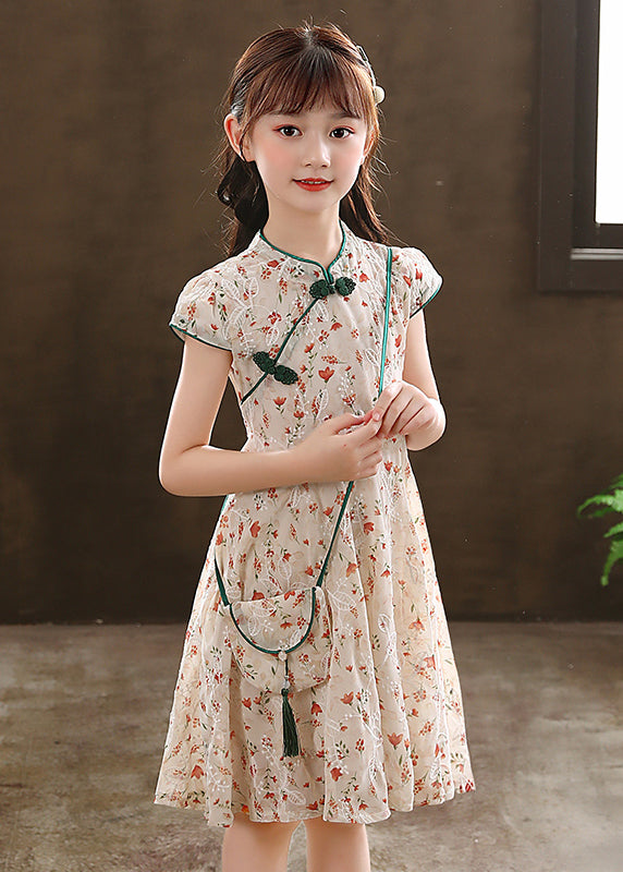 2025 New Green Stand Collar Print Girls Maxi Dresses Short Sleeve